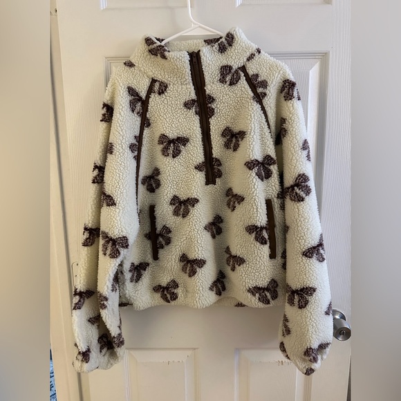 Talulah Bow Pattern Cream/Maroon/Brown Half Zip Pullover - Picture 1 of 3